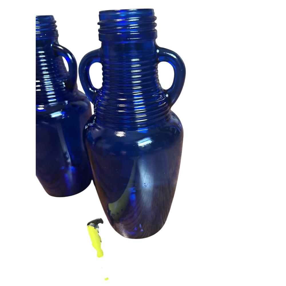 Vintage Cobalt Blue Glass Amphora Bud Vases Ribbed Double Handle Set of 2 6.5"